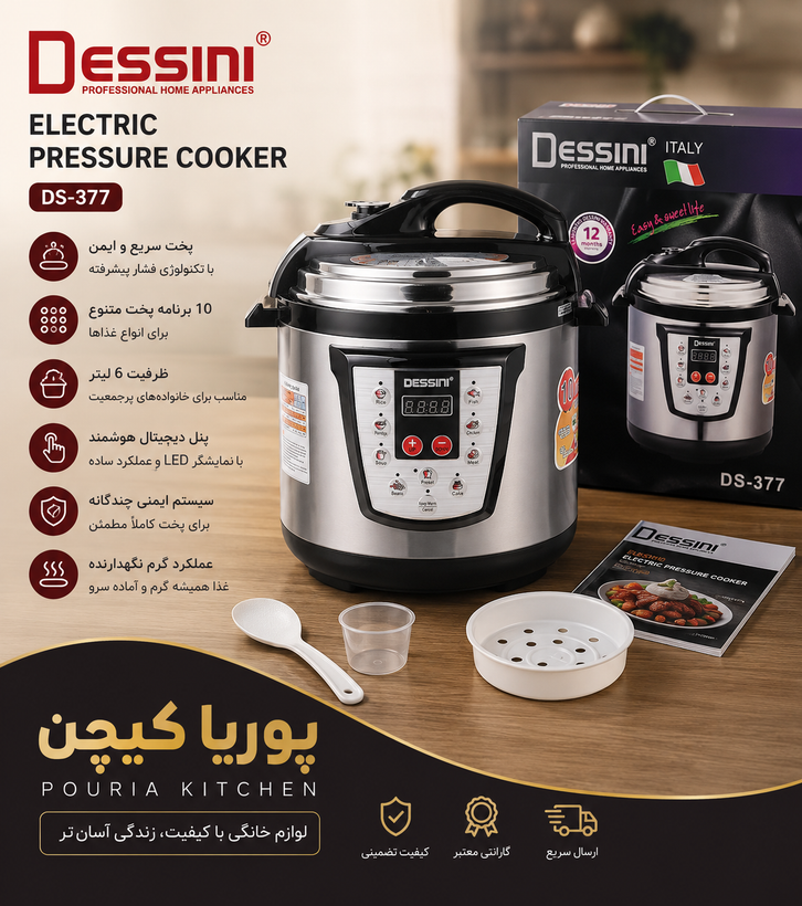 پلوپز چند کاره دسینی مدل DS-377 ظرفیت ۶ لیتر با بدنه استیل ضد زنگ