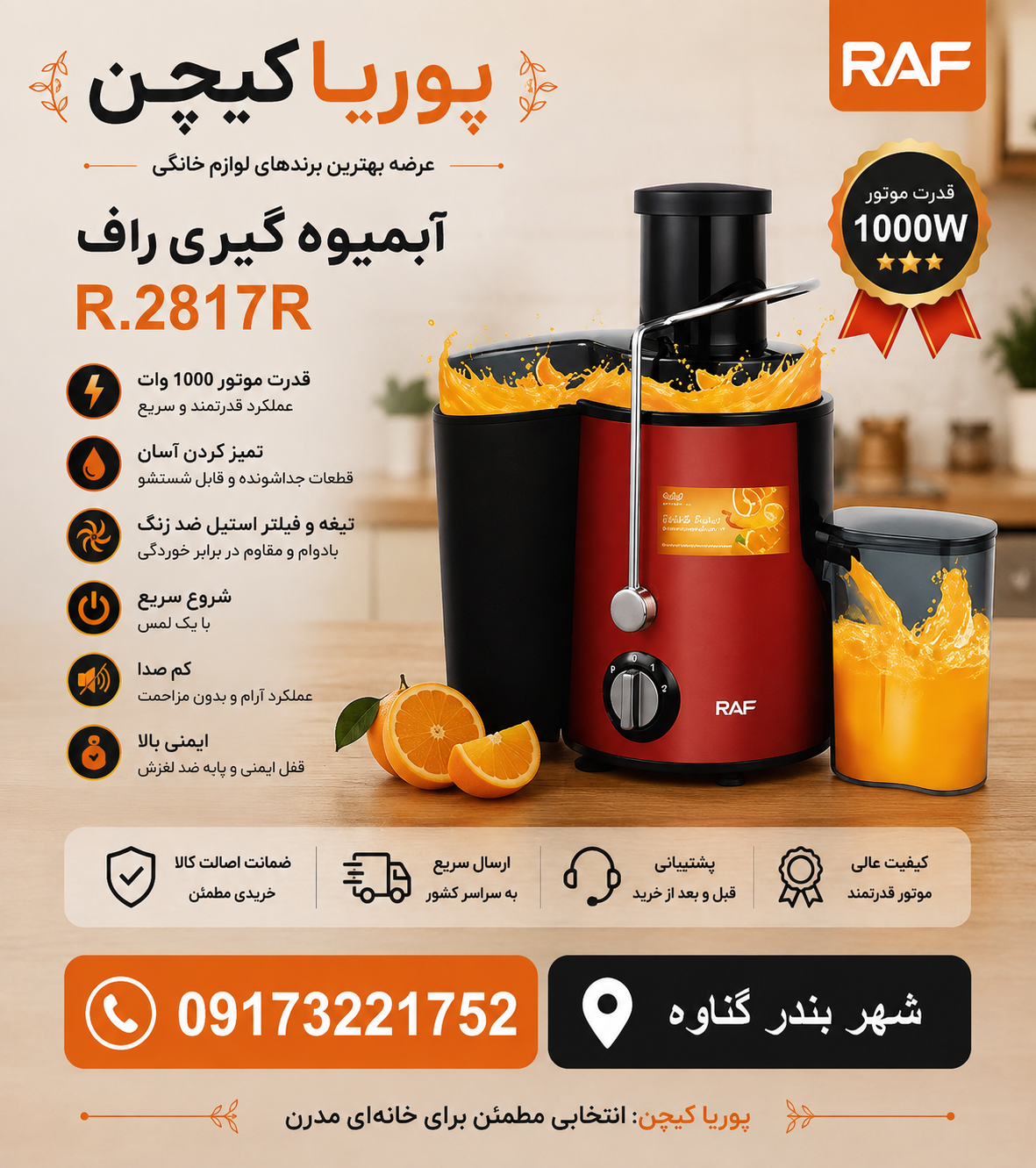 آبمیوه گیری تک کاره راف مدل R2817 ظرفیت ۴۵۰ میلی لیتر